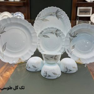 سرویس غذاخوری 25 پارچه تک گل طوسی طلایی گرد کنگره